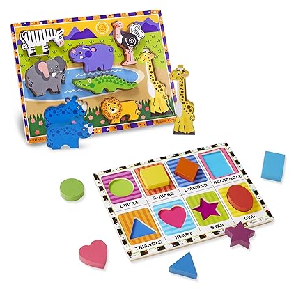Melissa & Doug Wooden Chunky Puzzle Set - Wild Safari Animals and Shapes