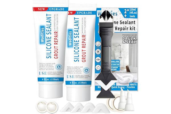 8Oz White Waterproof Caulk & Seal Silicone Sealant, Wadities Tile Grout Repair Kit with Grout Remove Scraper, Shrink & Crack