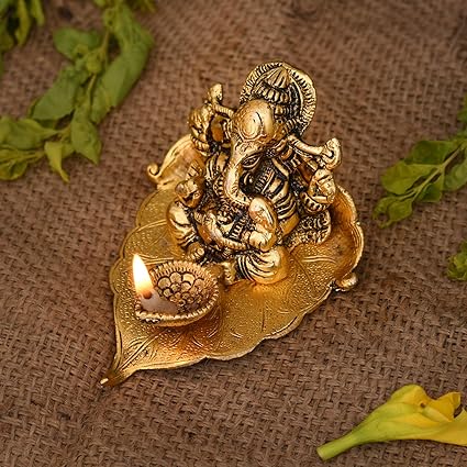 Collectible India Ganesh, Ganesha on Leaf - Ganesh with Diya - Lord Ganesha Metal Hand Craved for Home Decorative Gift Puja Diwali Gifts