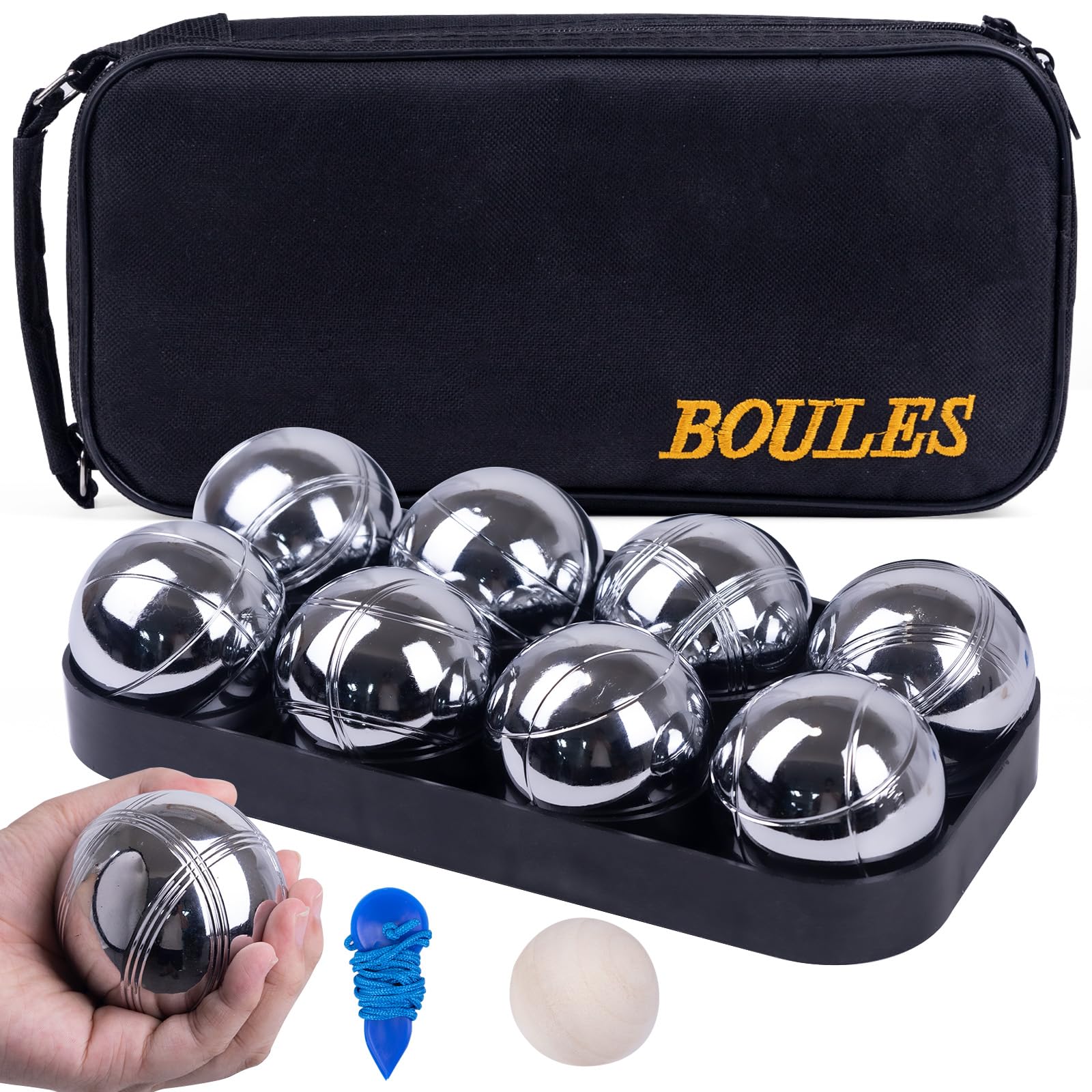 Photo 1 of WodGod Petanque Game Set – 8 Stainless Steel Balls with Carry Case, Target Ball & Measuring String, Classic Petanque Game Set for Lawn, Beach & Backyard – Outdoor Family Bocce Ball Fun