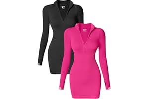 OQQ Women's 2 Piece Dresses Sexy Ribbed Zip Front Long Sleeve Tops Mini Dress