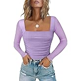 Chunpin Women's Bodysuits Square Neck Long Sleeve Bodysuits Mesh Ruched Thong Body Suit Outfits Going Out Tops