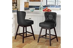 Cozyman Counter Height Bar Stools Set of 2, 26" H Swivel Bar Stool with Back, Faux Leather Counter Stool, Solid Wood Legs, Retro Upholstered Barstools for Kitchen Island, Home Bar, Pub, Black
