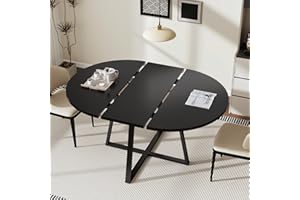 LYNCOHOME Round Extendable Dining Table for 4-8 People, Space Saving Modern Wood Kitchen Table with Metal Base for Kitchen an