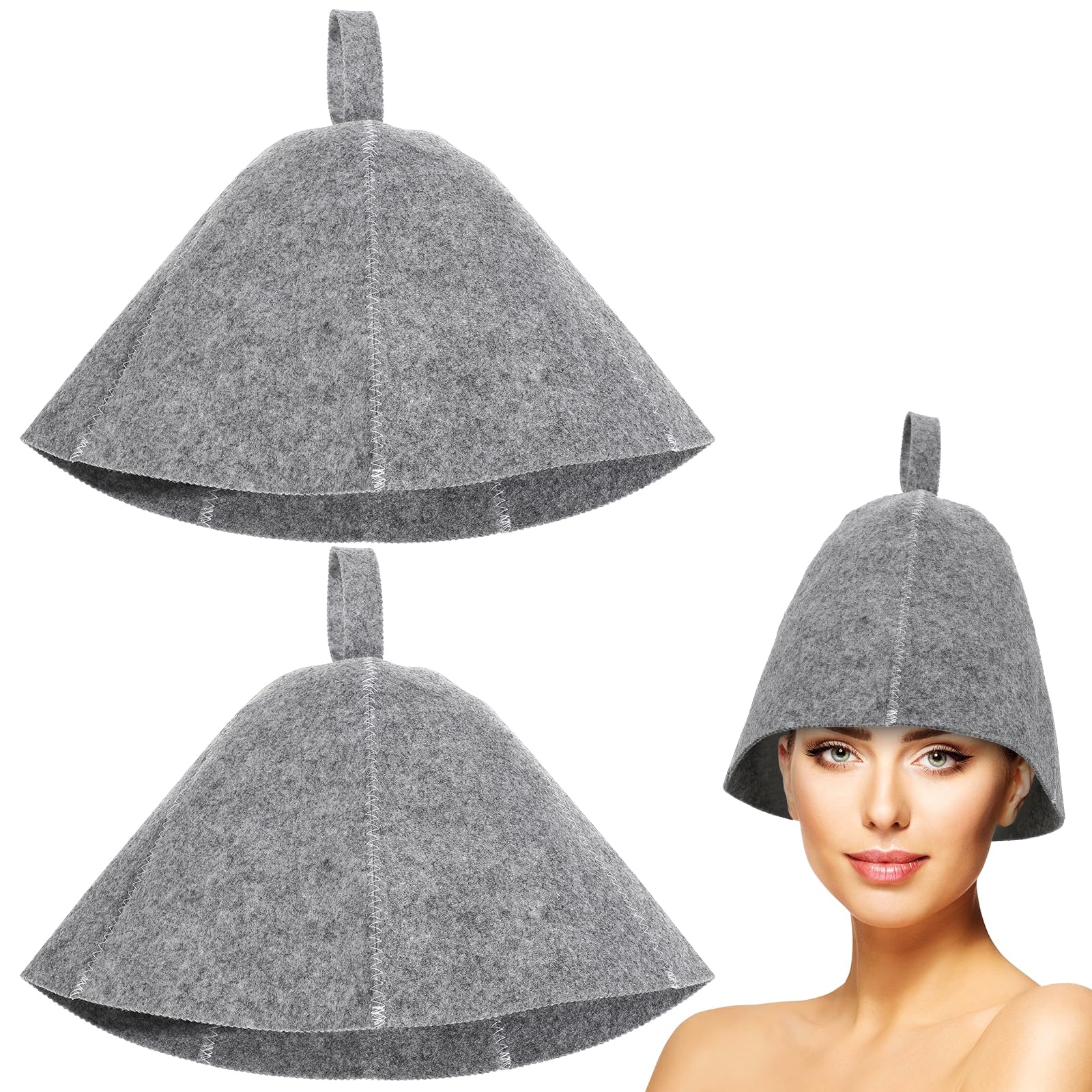 Beavorty 2Pcs Felt Sauna Hat Set | Thickened Grey Wool Bathing Cap for Head Heat Protection | Comfortable Men Women Spa Shower Accessory | Portable Hanging Loop