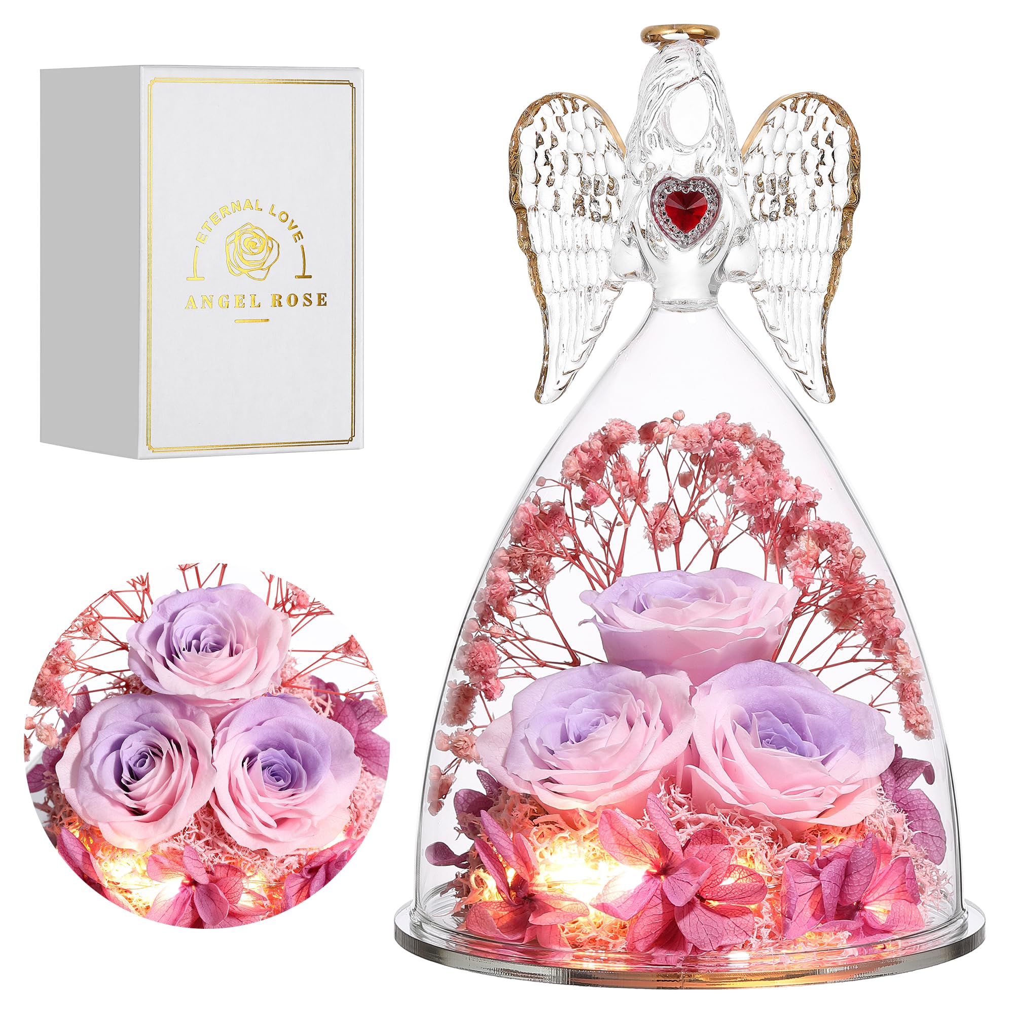 Tiaronics Mothers Day Rose Gifts for Women, Large Angel Figurines with Real Roses, Preserved Real Flower Rose for Her, PinkPurPink