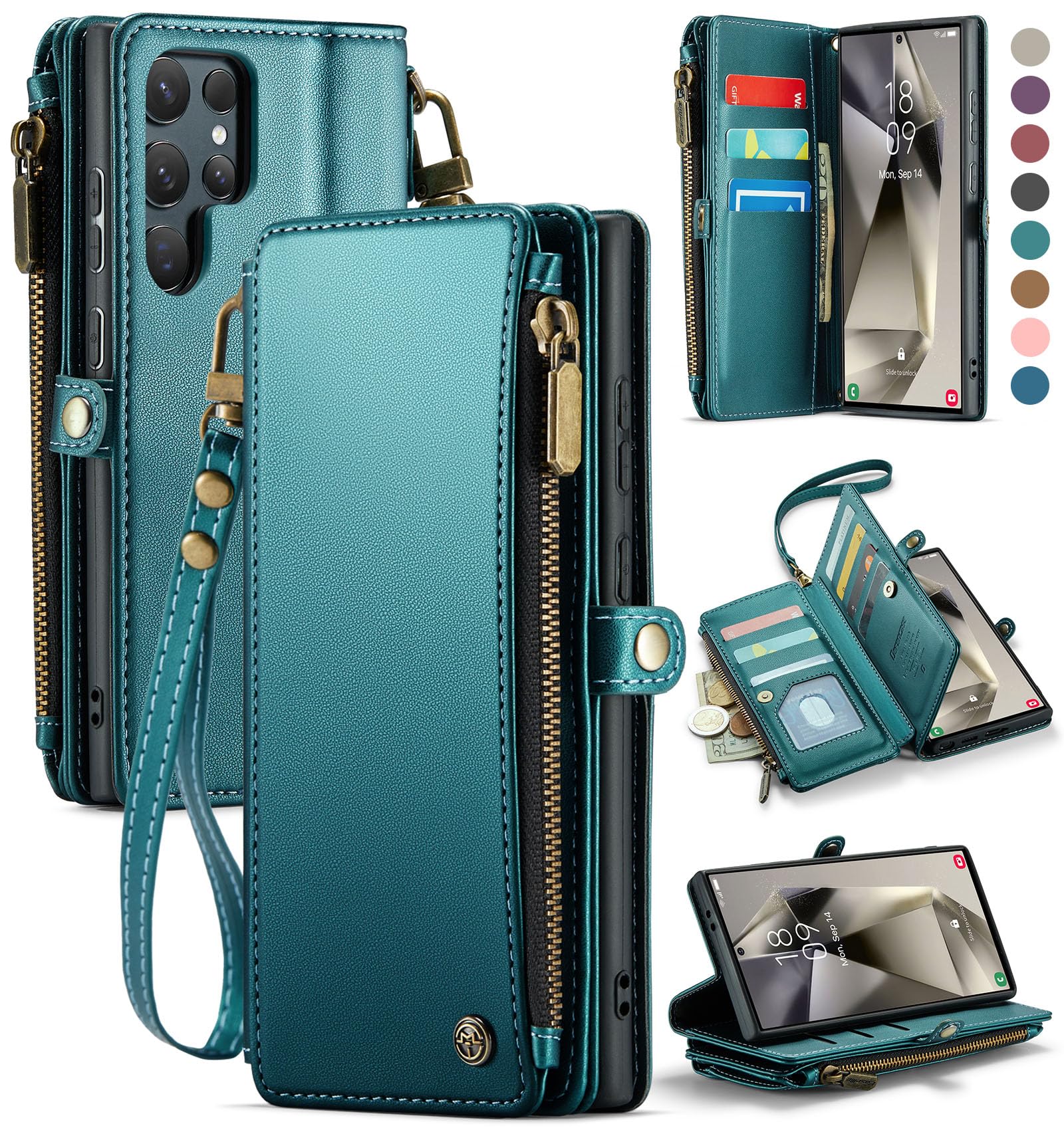 Photo 1 of Defencase Compatible with Samsung Galaxy S24 Ultra Case Wallet with RFID Blocking Card Holder for Women Men, PU Leather Magnetic Snap Flip Zipper Strap Phone Case Fit for Galaxy S24 Ultra 5G, Green