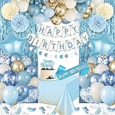 Blue Birthday Decorations, Blue Party Decor with Balloons Happy Birthday Banner Birthday Sash Tablecloth Fringe Curtain Light Blue Bday Decorations for Baby Boys Girl Men Women