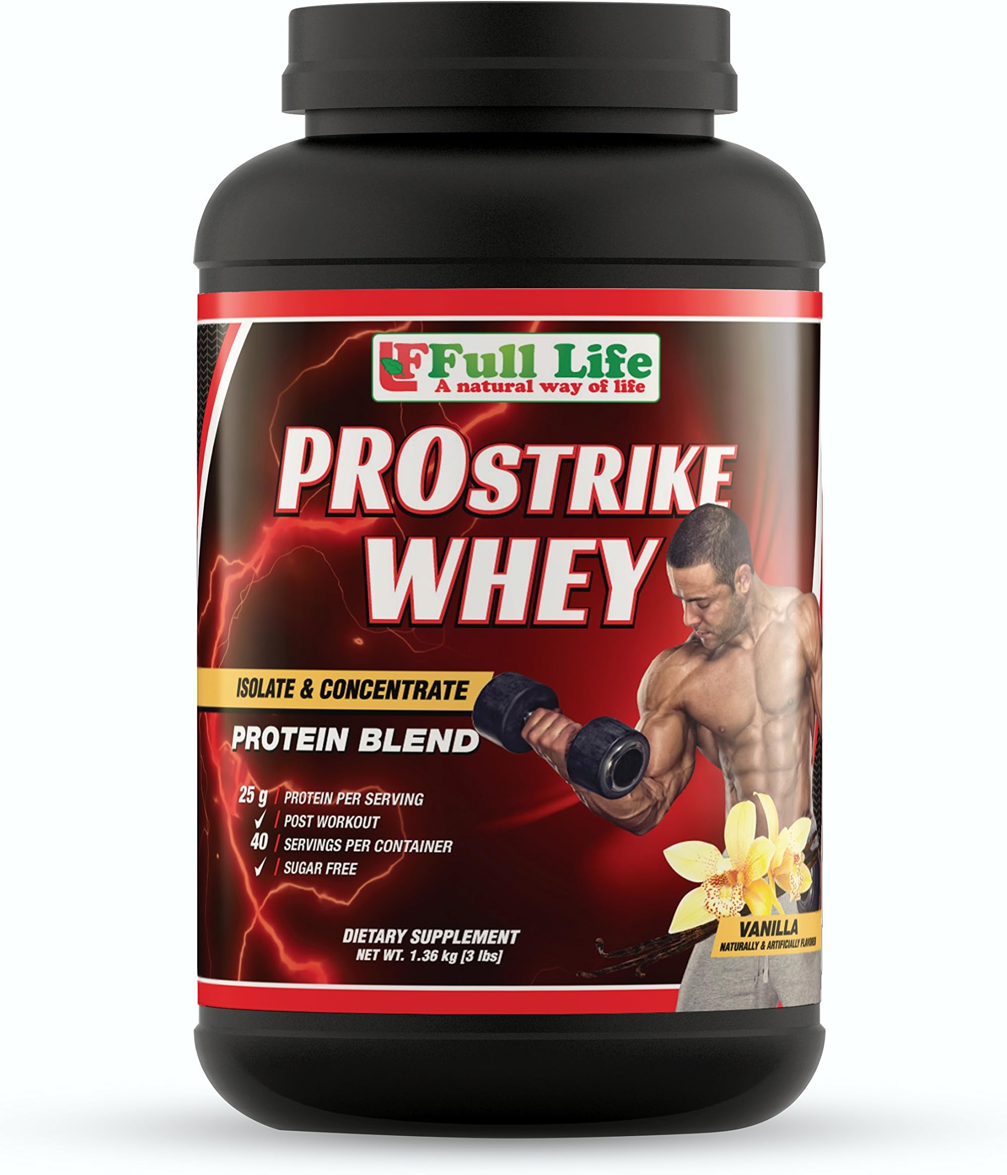 Full Life PROSRIKE WHEY Protein Powder, Isolate & Concentrate Protein Blend 25g - Dietary Supplement - 3 Lbs (3 LBS - Vanilla Flavor)