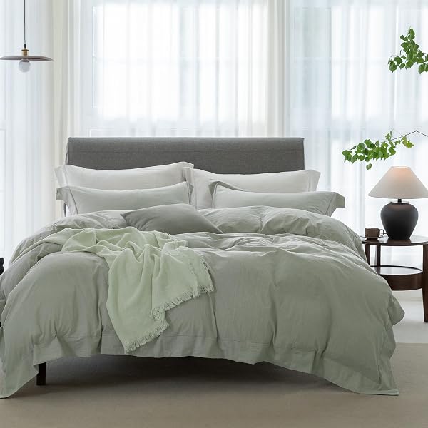 ELIMMO COOLING KING DUVET COVER SET 3 PIECES-100% WASHED COTTON WITH CHIC WIDE TRIM DESIGN LINEN LIKE TEXTURED ULTRA SOFT COZY BEDDING WITH ZIPPER CLOSURE(HEMMED SAGE GREEN,KING 104″X90″)