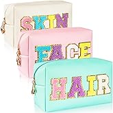 ZAUGONTW 3 Pcs Preppy Patch Makeup Bag Chenille Letter Bag, PU Leather Waterproof Toiletry Hair Bags with Nylon Zipper Patches Makeup Organizer Bags Set for Women