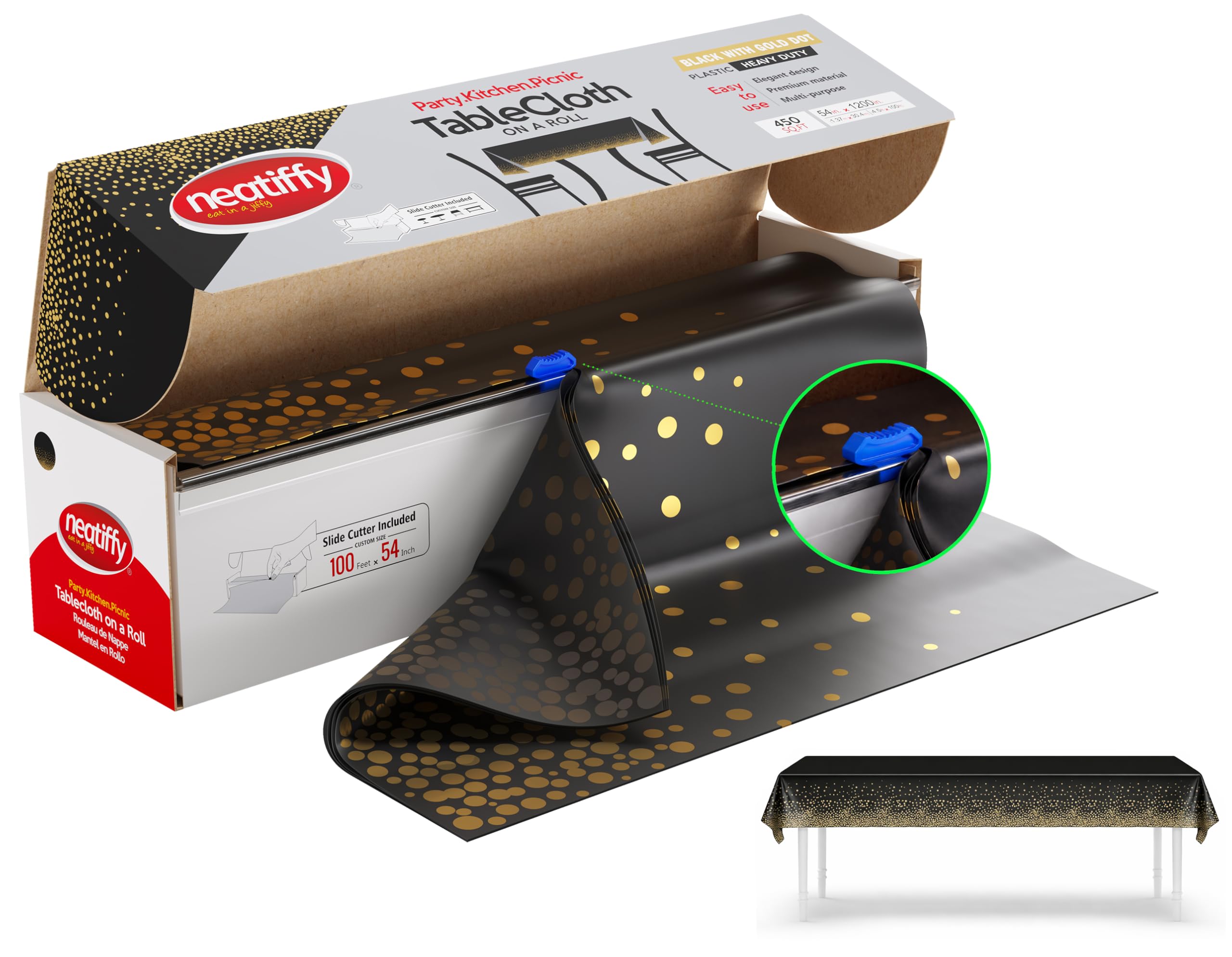 Neatiffy Disposable Plastic Table Cloth Roll, Party/Banquet Table Cover, Tablecloths for Rectangle/Round/Square Tables, Equals to 12 Picnic Pack (54 Inch x 100 Feet, Black Golden Dot) — image 1