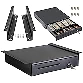 Volcora Cash Register Drawer with Under Counter Mounting Metal Bracket - 16" Black Cash Drawer for POS, 5 Bill 6 Coin Cash Tr