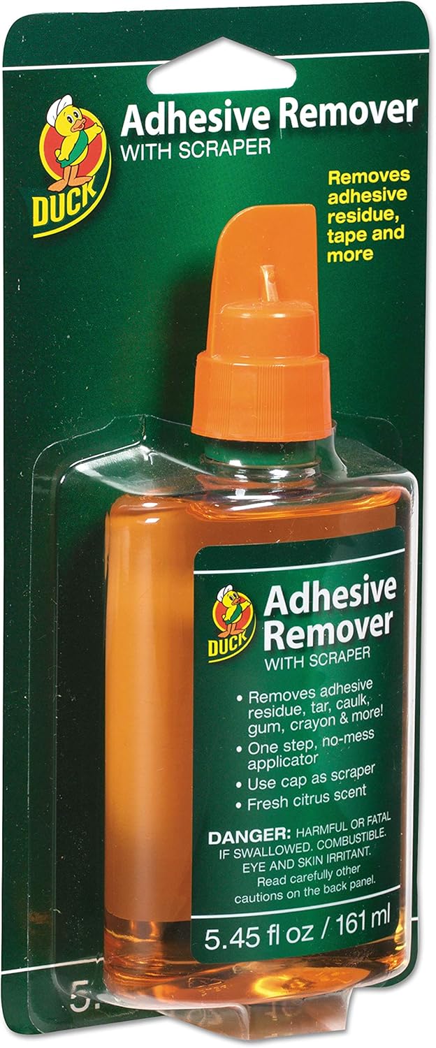 Duck Products - Duck - Adhesive Remover, 5.45 oz. Spray Bottle - Sold As 1 Each - Save time and aggravation by having the right product at hand. - Liquid solution works on duct tape, masking tape, carpet tape, weatherstripping, mounting tape, labels, stickers, gum, tar, caulk and more. - Safe for use on all surfaces. - Sponge applicator for easy and precise application. - Includes built-in scraping tool.