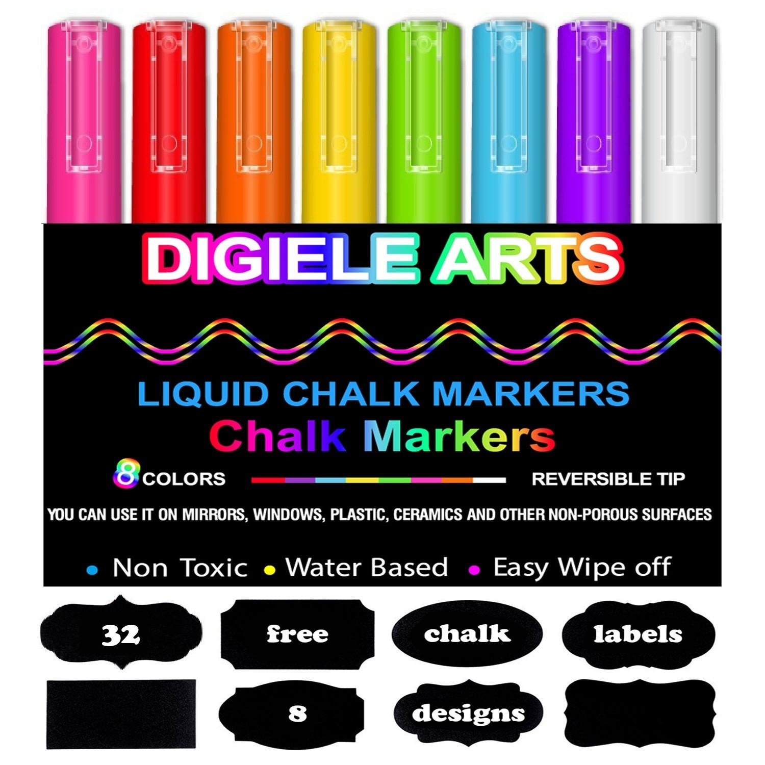 Chalk Pen, DIGIELE Liquid Chalk Markers, 8 Colours Pens, Dry or Wet Wipe Erase Marker, 3mm Reversible Bullet & Chisel Thin Tip for Blackboard, Chalkboard, Whiteboard, Window and Glass + 32pcs Labels