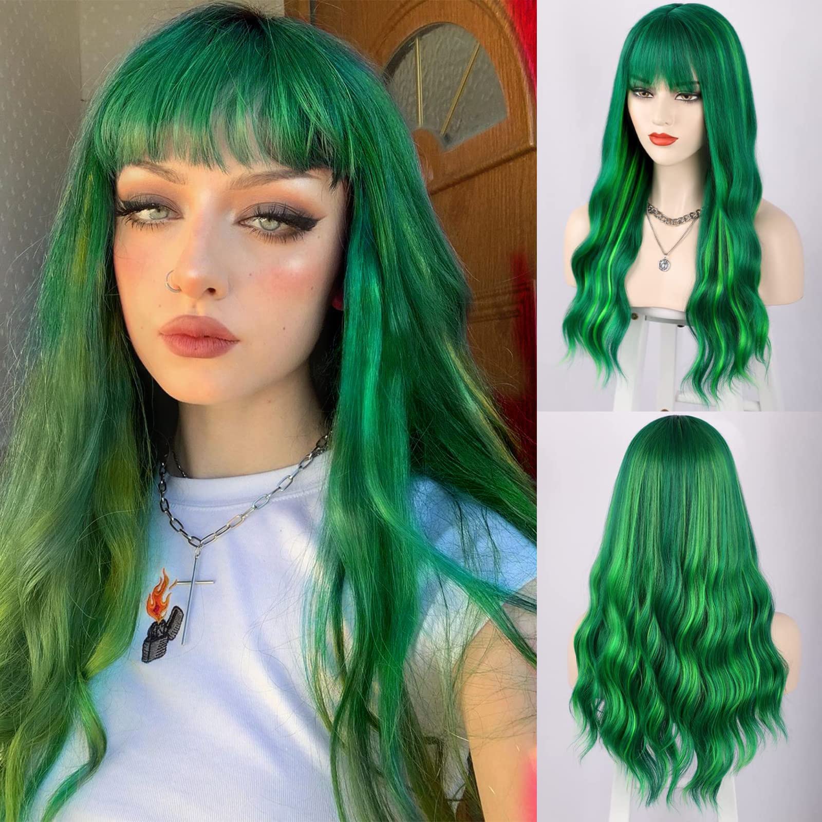 Photo 1 of ENTRANCED STYLES Green Wig with Bangs Long Wavy Wigs for Women Heat Resistant Wavy Wig for Daily Party Use (24 inch Green)