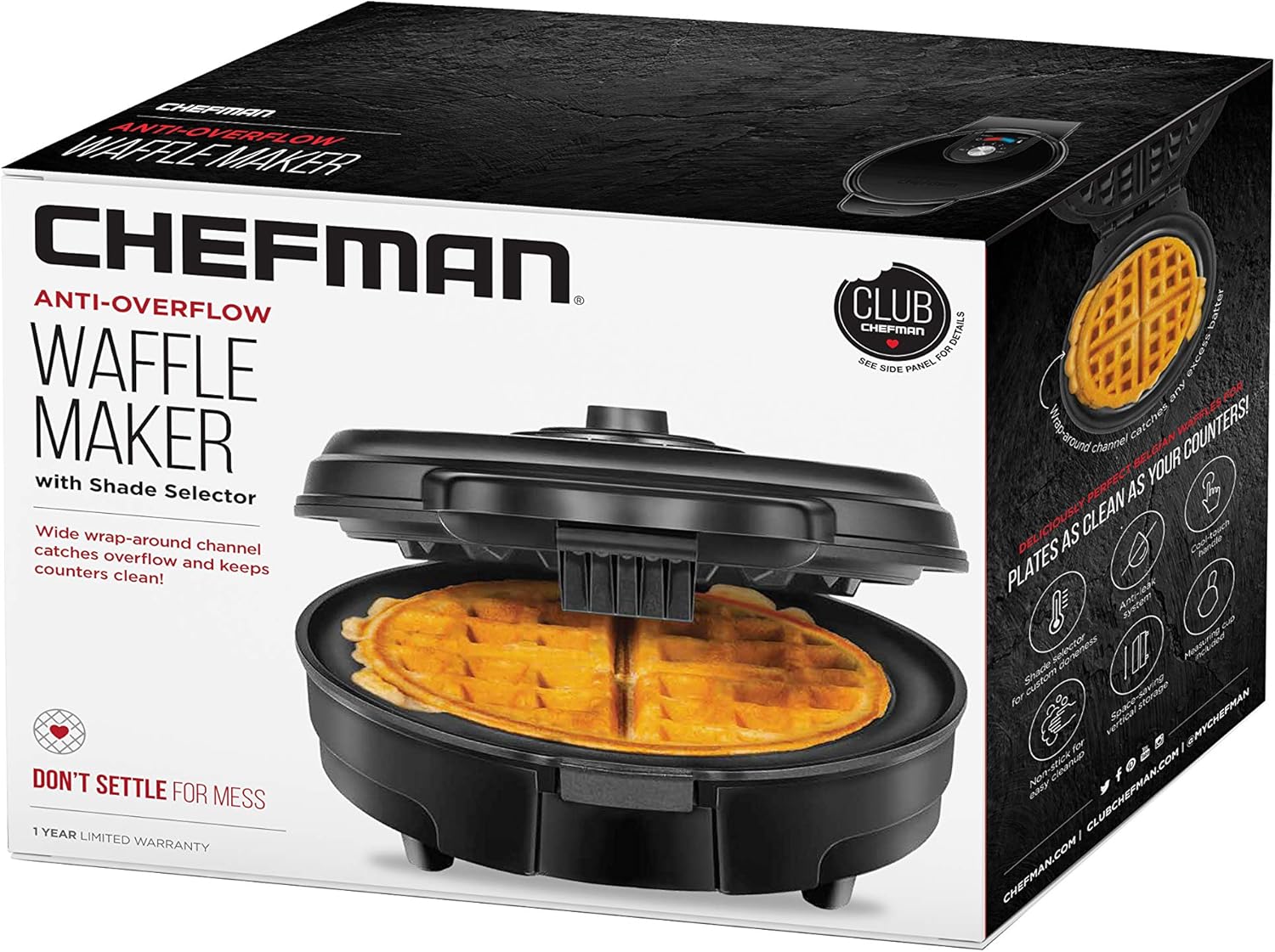 Chefman Anti-Overflow Belgian Waffle Maker w/ Shade Selector, Temperature Control, Mess Free Moat, Round Iron w/ Nonstick Plates & Cool Touch Handle, Measuring Cup Included, Black: Kitchen & Dining