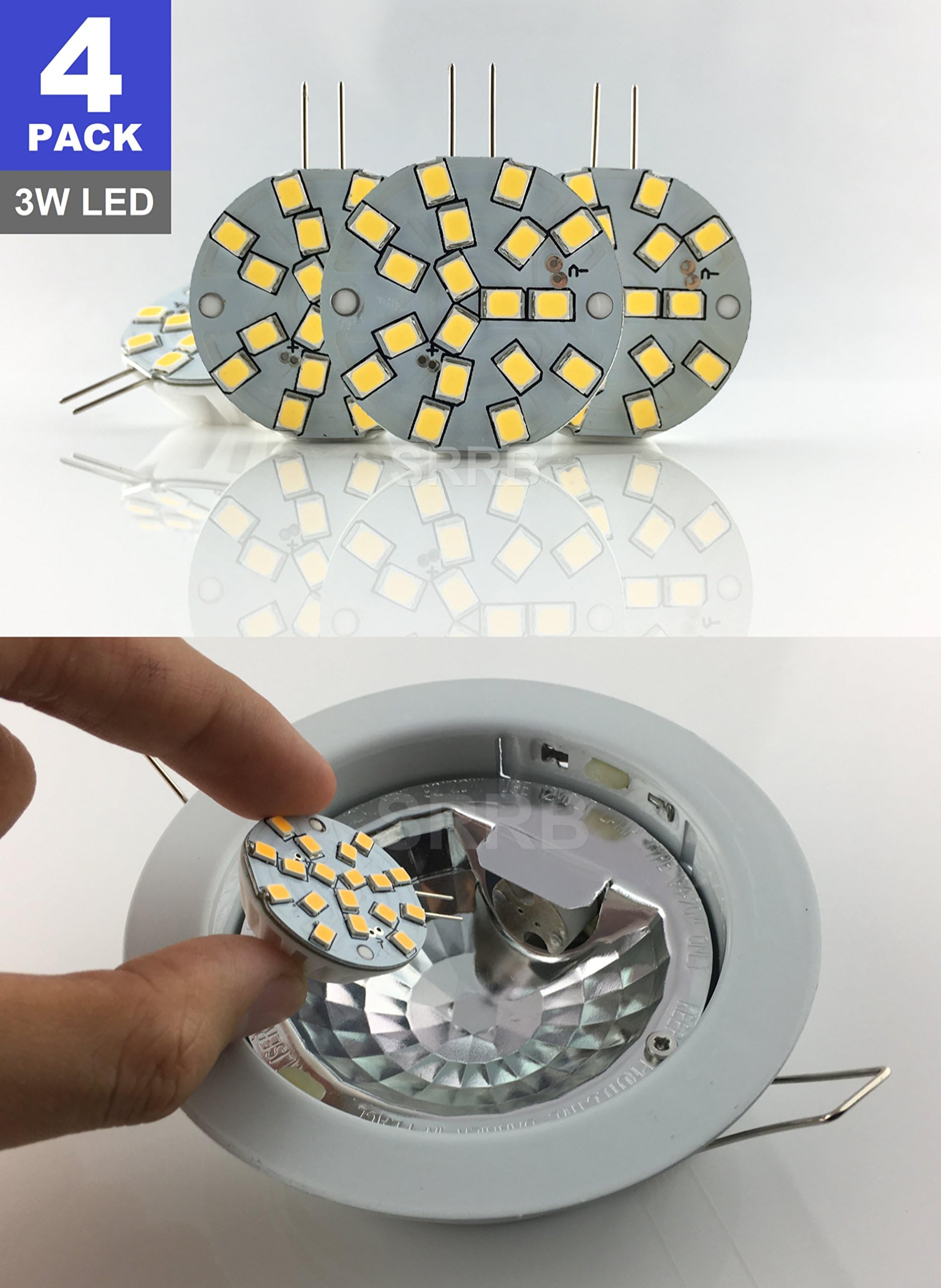 SRRB Direct (Side Pin) G4 Bi-Pin 12V AC/DC Low Voltage LED Replacement Ceiling Recessed Puck Light Bulb for RV Camper Trailer Motorhome 5th Wheel and Marine Boat (3 Watt, Natural White)