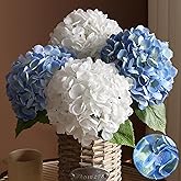 FLORRALIA 4Pcs Hydrangea Artificial Flowers, 22.44" Real Touch Latex Faux Hydrangea with Long Stems & Leaves for Home Office Decor or Wedding, Party, Centerpieces, Floral Arrangements (White&Blue)