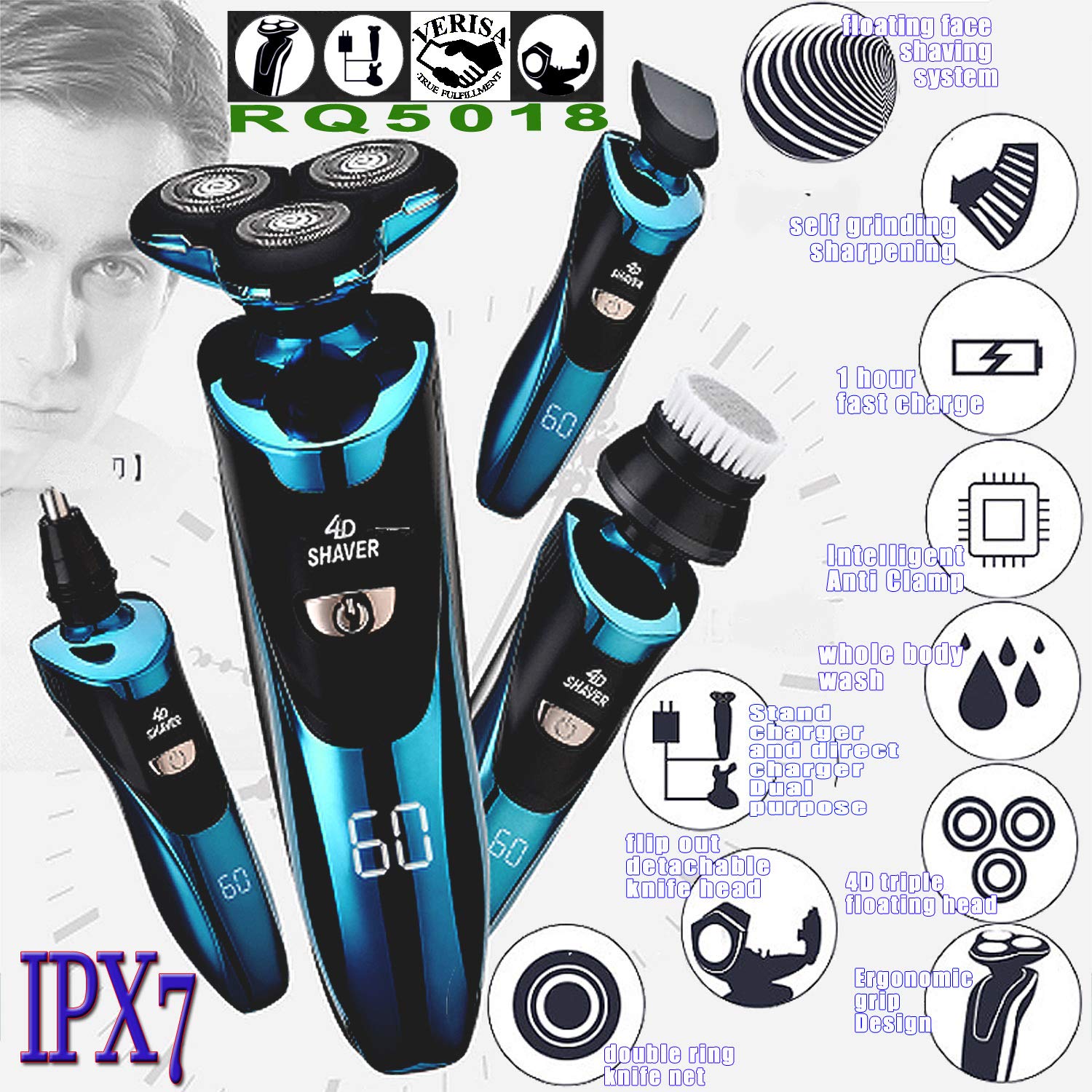 Electric Razor for Men with LED Display, Rechargeable IPX7 Waterproof Electric Shaver Wet and Dry Men\'s Rotary Shavers with Nose Ear Hair Sideburn Trimmer Facial Cleaning Brush and Charging Stand