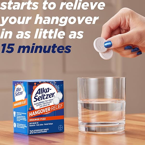 ALKA-SELTZER HANGOVER RELIEF TABLETS, FAST RELIEF STARTS IN ABOUT 15 MINUTES FOR HEADACHES, BODY ACHES & MENTAL FATIGUE, BACHELORETTE PARTY & BACHELOR PARTY, DISPENSER PACK, 120 COUNT