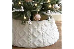 TEEANZO 28 Inch Christmas Tree Collar White Plush Faux Fur with Crossed Diamond Pattern, Soft Boho Xmas Tree Ring Beige Tree Skirt for Christmas Artificial Trees Holiday Party Home Decor