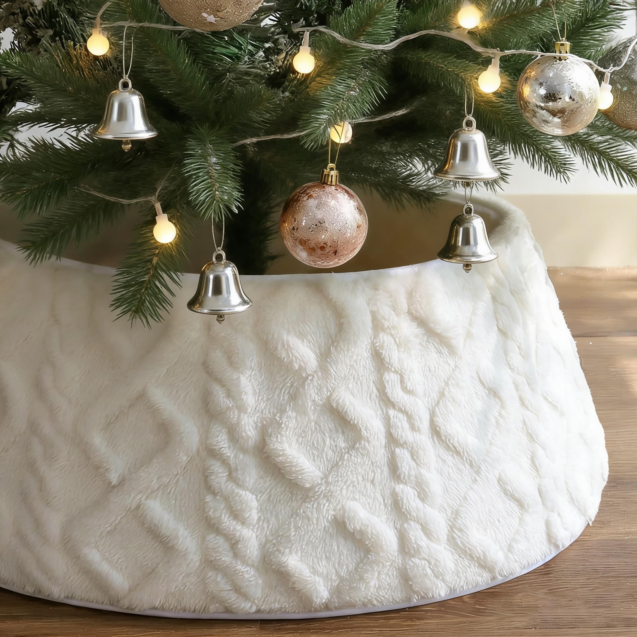 Photo 1 of 28 Inch Christmas Tree Collar White Plush Faux Fur with Crossed Diamond Pattern, Soft Boho Xmas Tree Ring Beige Tree Skirt for Christmas Artificial Trees Holiday Party Home Decor