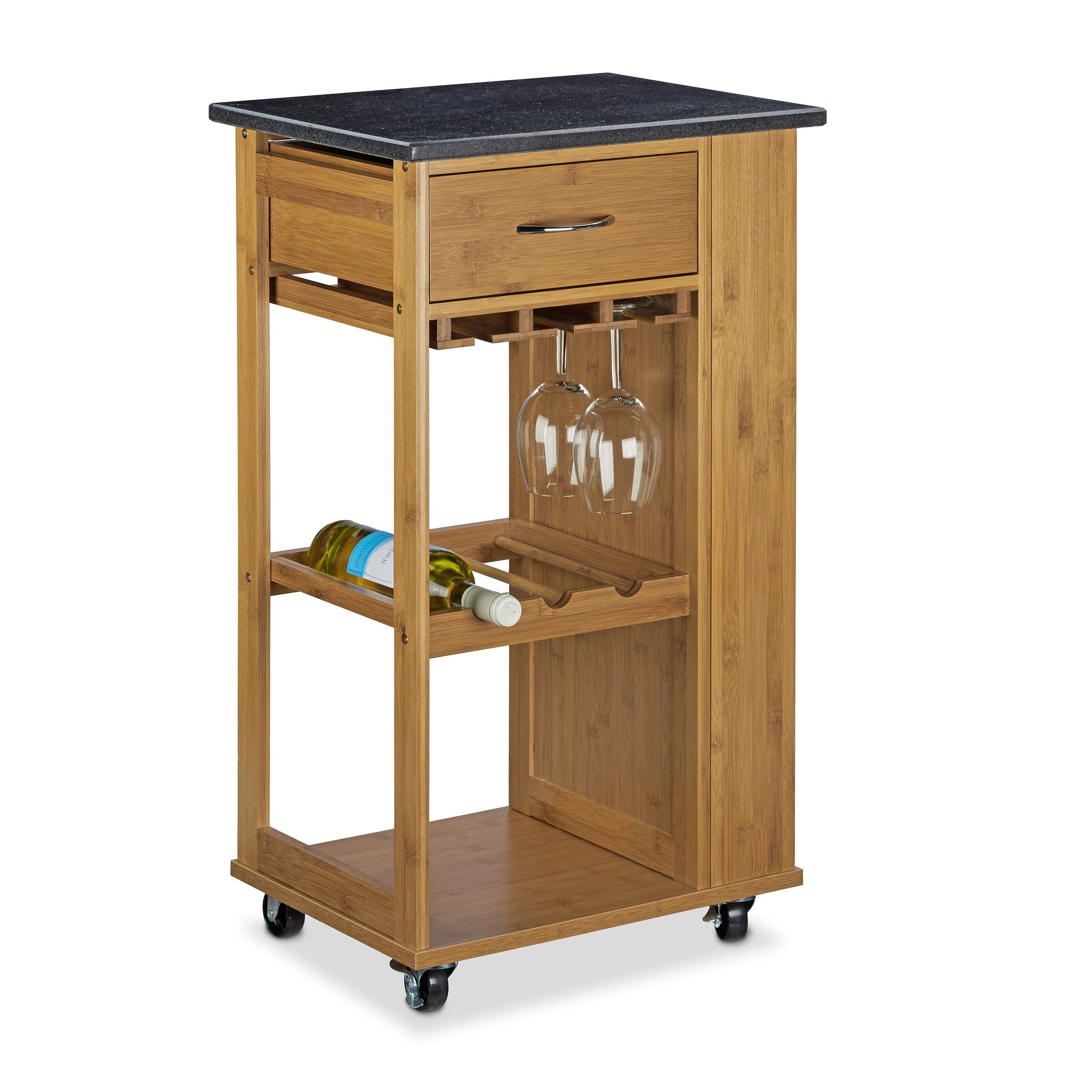 Relaxdays ALFRED L Bamboo Kitchen Cart w/Black Marble Countertop, Total Size: 81.5 x 47.5 x 37.5 cm Kitchen Island Kitchen Trolley with Wine Glass Holder and Wine Rack Serving Cart, Natural Brown