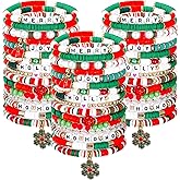 Siifert 48 Pcs Christmas Bracelets Set Stackable Heishi Surfer Bracelet Beaded Christmas Bracelets Bulk Women's Preppy Polymer Clay Stretch Bracelet for Women Party Supplies Gift