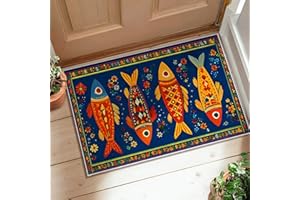 Fish Runner Rug, Festive Colorful Flowers Patterns Summer Blue Non-Slip Doormat Accents Rug Fade Resistant for Kitchen Bathro