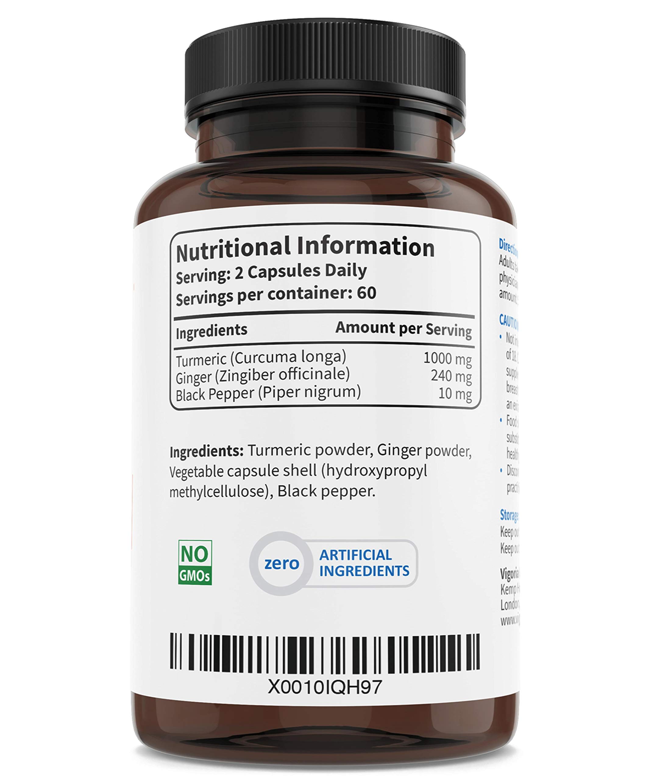 Turmeric + Ginger + Black Pepper for the maximum absorption of Curcumin - Natural Curcuma Longa Root - Antioxidant for Inflammation of the Joints - 1250mg 120 Capsules - Non-GMO Gluten-free Vegan - UK