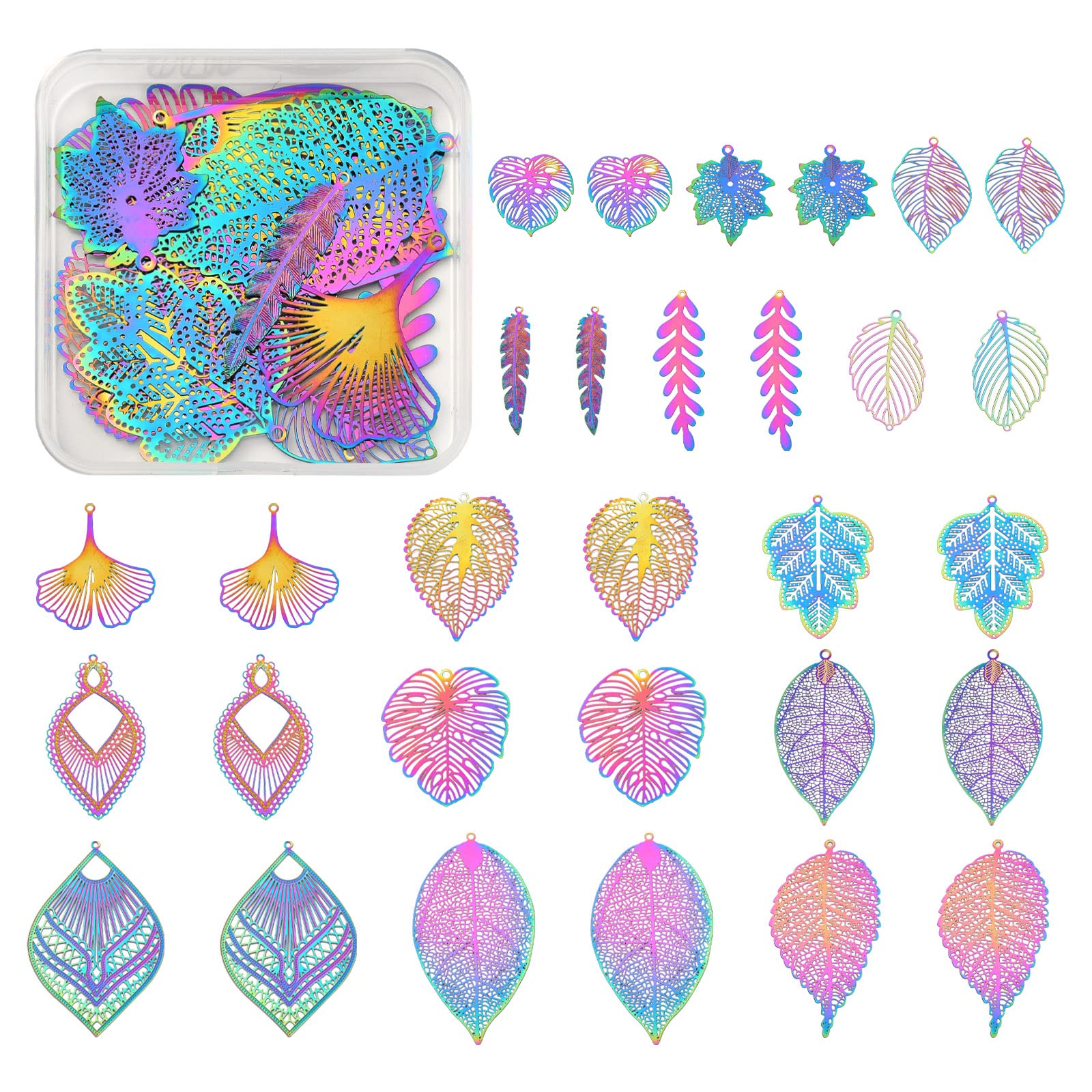 COGCHARGER 30 Pcs Multi-Color Stainless Steel Filigree Leaf Charms Pendants Etched Metal Embellishments Rainbow Color Pendant for Jewelry Necklace Bracelet Earring Making