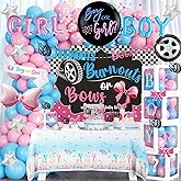 Fiesec Burnouts or Bows Gender Reveal Decorations, Baby Boy or Girl Gender Reveal Party Decorations, What Will the Baby Be Backdrop Balloon Banner Tablecloth Cake Cupcake Topper Box Sash Pink Blue