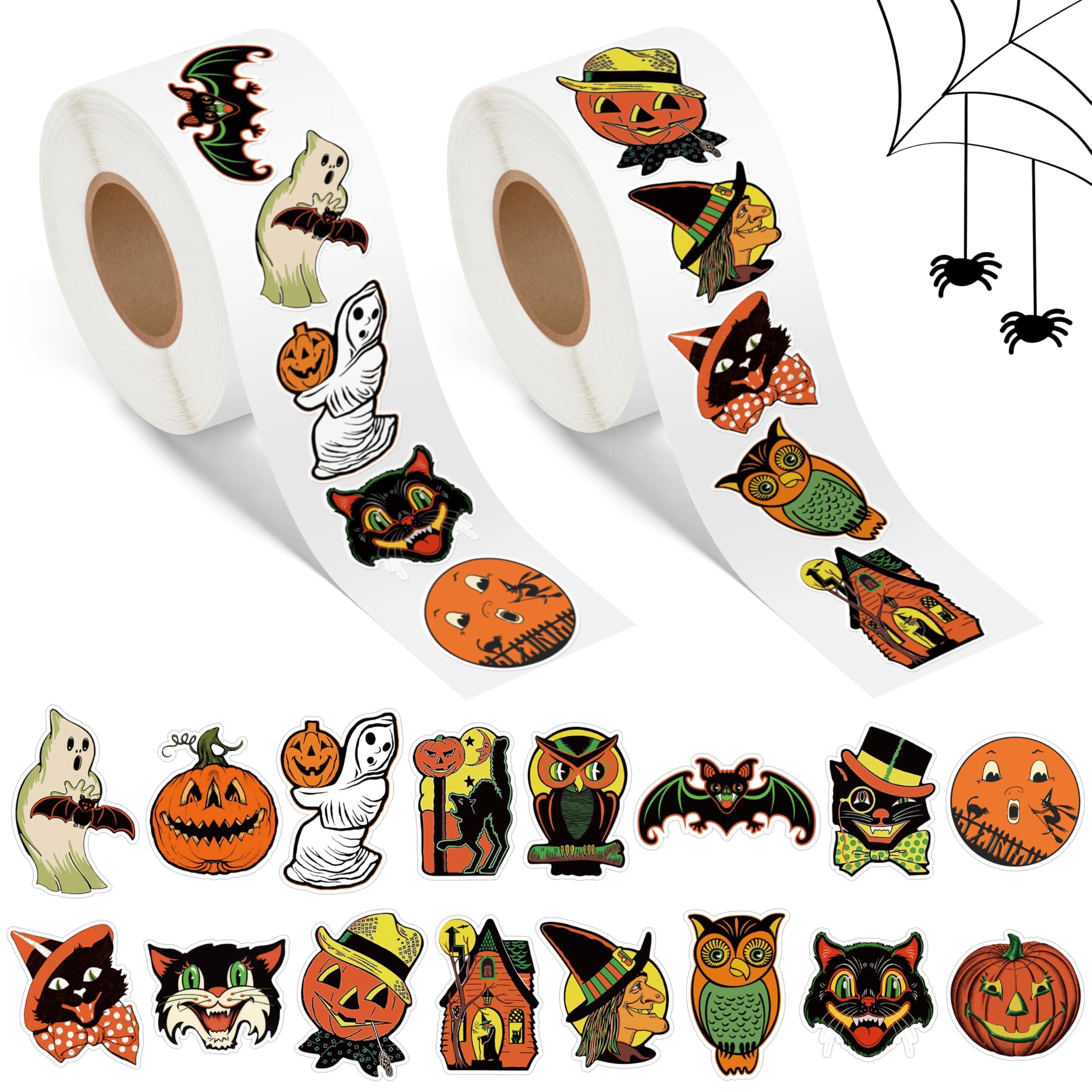 Photo 1 of L1rabe Halloween Vintage Sticker Rolls - 1000 Piece Halloween Retro Self-Adhesive Stickers with 16 Designs, Including Pumpkins Black Cats Ghost Witches Decals for Notebooks Scrapbooking Laptop Cup