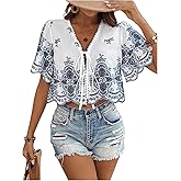 SOLY HUX Women's Hollow Tie Front Crop Tops Ruffle Short Sleeve V Neck Summer Blouse Shirts