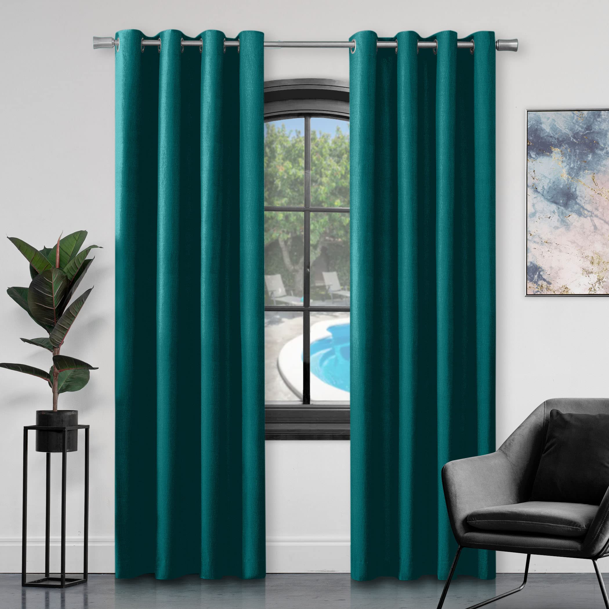 GC GAVENO CAVAILIA Faux Silk Eyelet Curtains For Living Room, 100% Polyester Ring Top Fully Lined Drapes, Teal, 66x54 Inch, (654940)