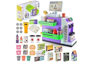 CYYSFIVQZ Pretend Play Cash Register Toy Set with Scanner, Play Money, Calculator, Coffee Machine and Play Food for Kids Ages 3+ (Purple)