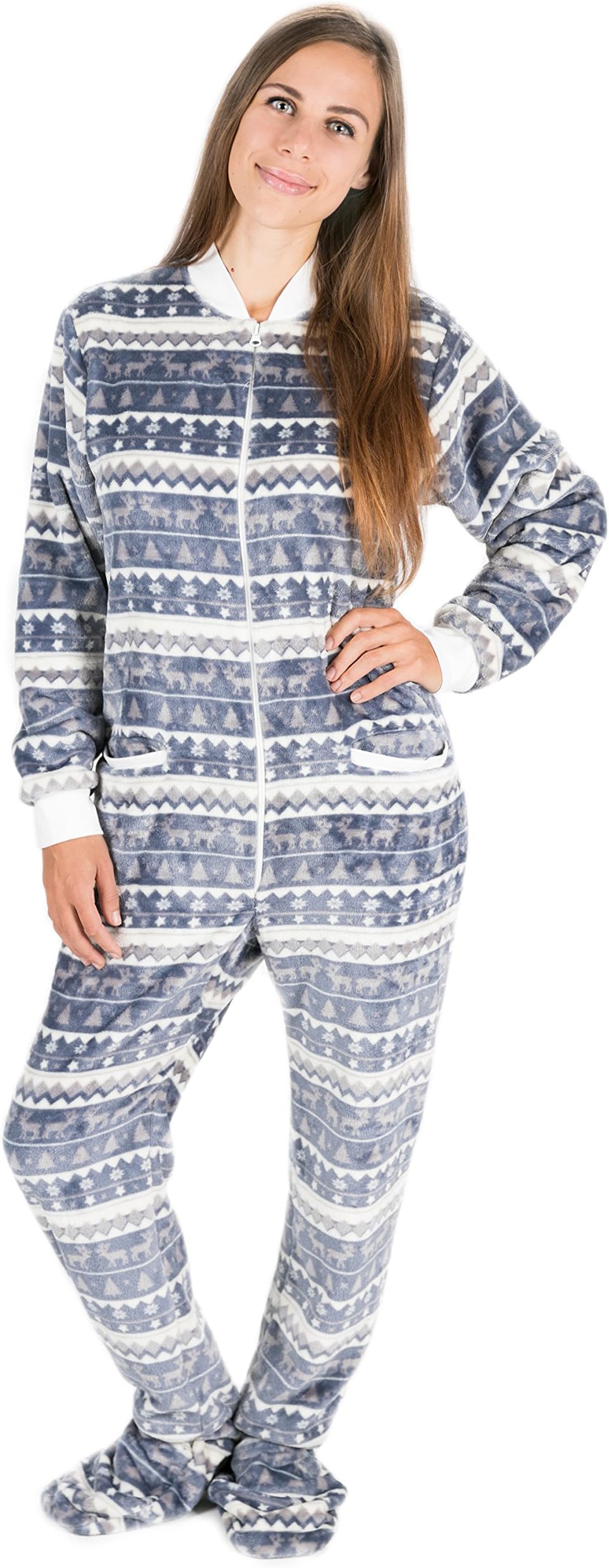Silver Christmas Adult Footed Pyjamas, All in One Fleece Pyjamas, Onesie for Adults, Unisex Fleece Onesie with Reindeer, Christmas Trees, Snowflakes