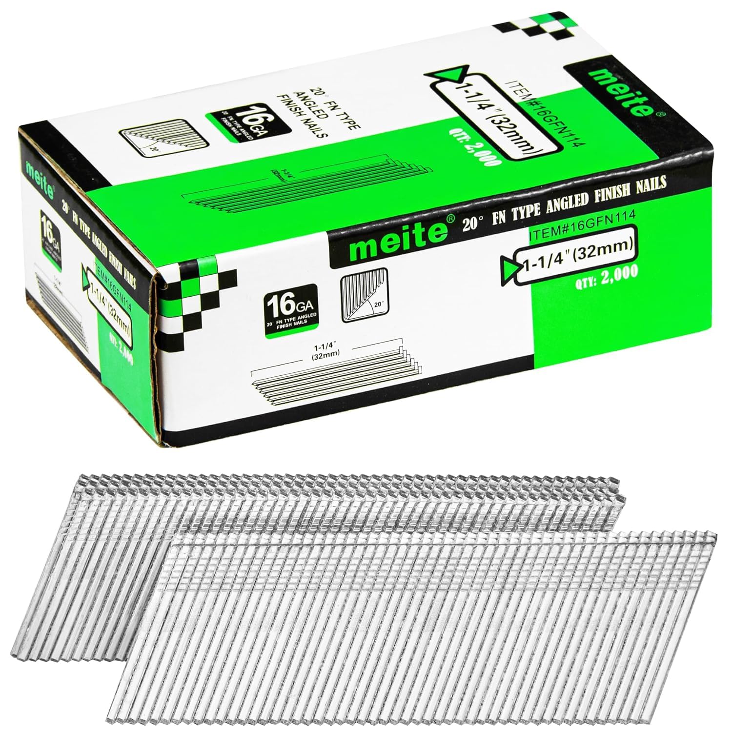 meite 16 Gauge Angled Finish Nails, 32mm Galvanised Angled Nails for Finish Nail Guns, 16GA 20 Degree Angled Nails for Carpentry & Interior Trim – 2,000 Pack