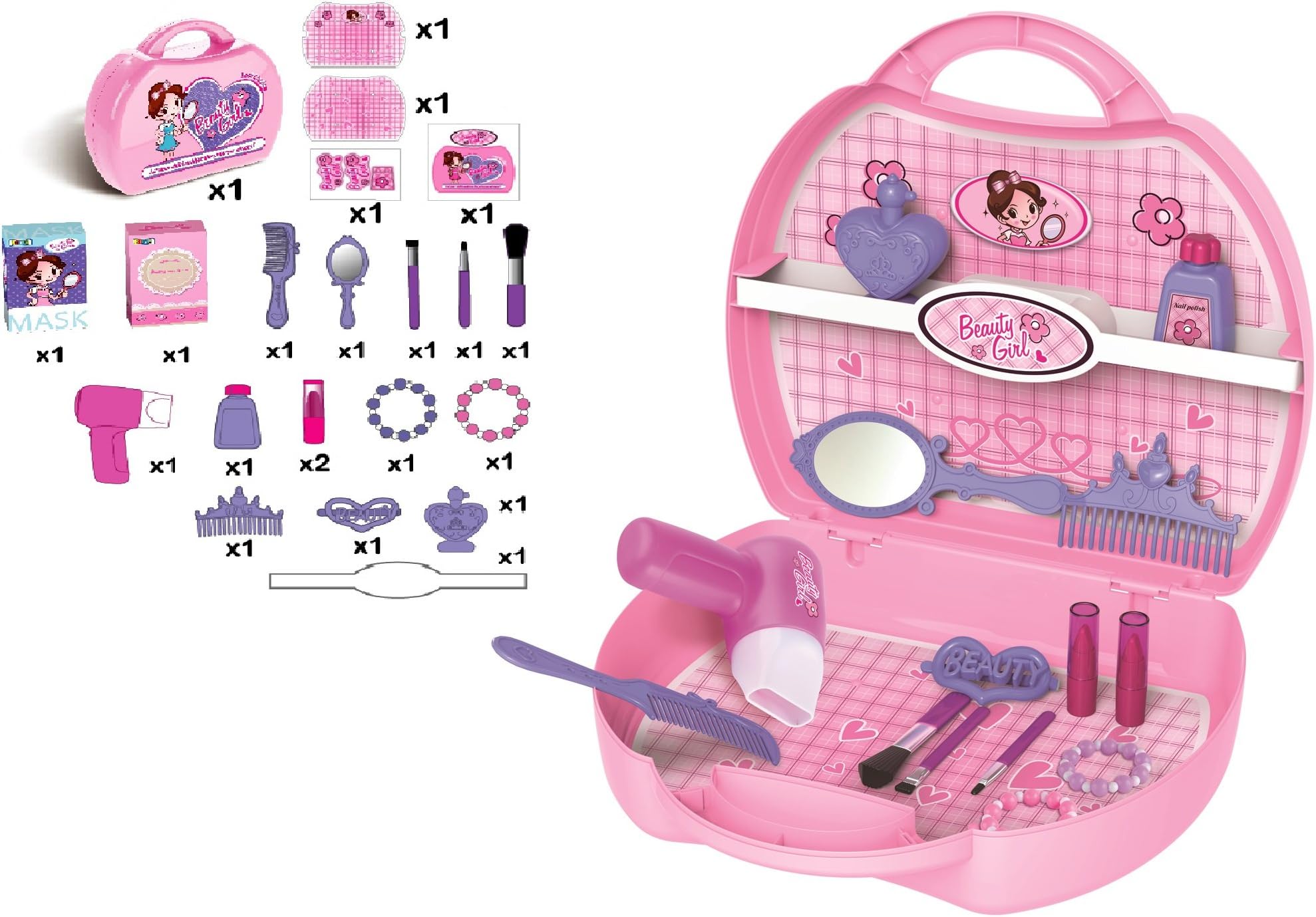 Union World 22 Piece Set Girls Make-up Beauty Set With Accessories Hair Dryer Brushes Lipsticks Mirror Mask Bracelets Bubbles Hair Clips & More - Girls Pretend Play Toy Makeup Desk Set Carry Case