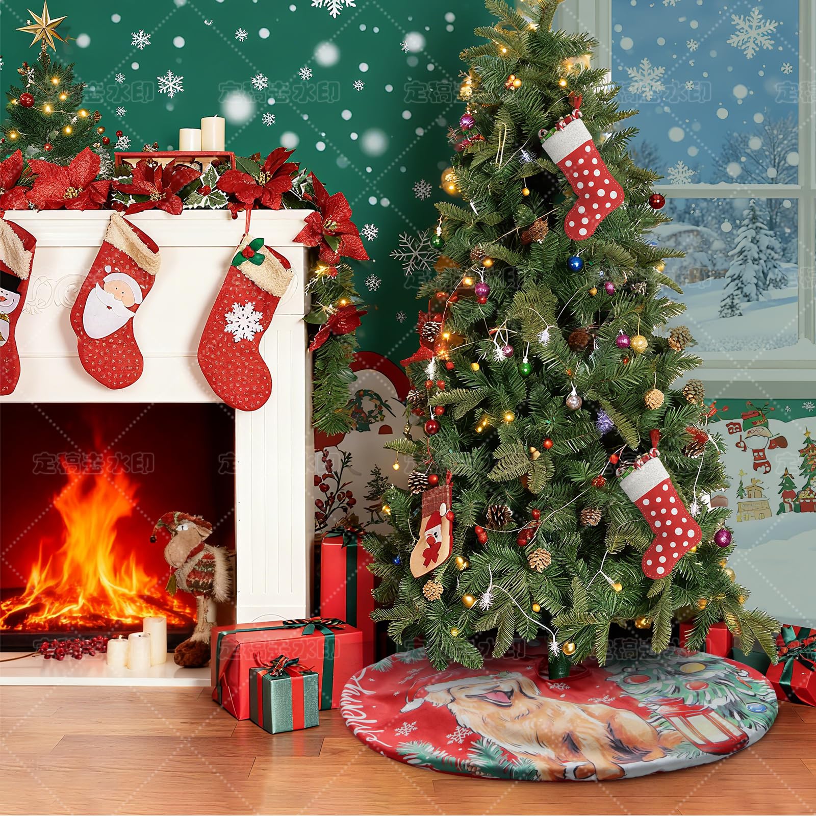 Aqlithle Christmas Tree Skirt, 30 Inches Tree Mat, Dog and Tree Round Xmas Cover for Xmas Indoor Outdoor Home Holiday Merry Christmas Party Christmas Tree Decoration