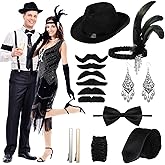 Croknit 1920s Couple Cosplay Costume Roaring Retro Gangster Costume Fringed Flapper Dresses for Women 1920 Mens Outfit