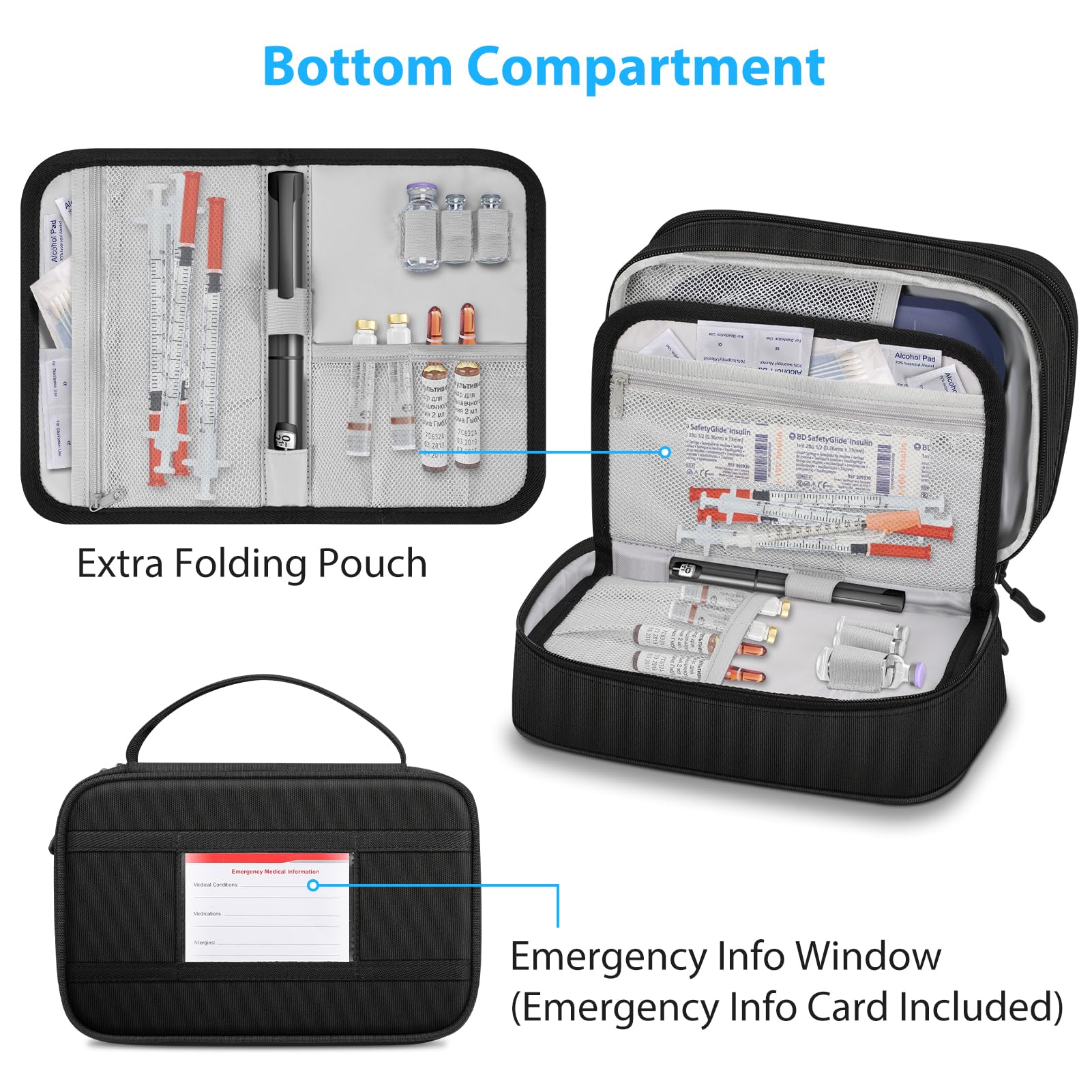 MEDMAX Insulin Cooler Travel Case with 4 Ice Packs TSA Approved, Double-Layer Insulated Diabetic Meds Organizer with Extra Pouches for Insulin Pens, Blood Glucose Monitors and Other Supplies, Black