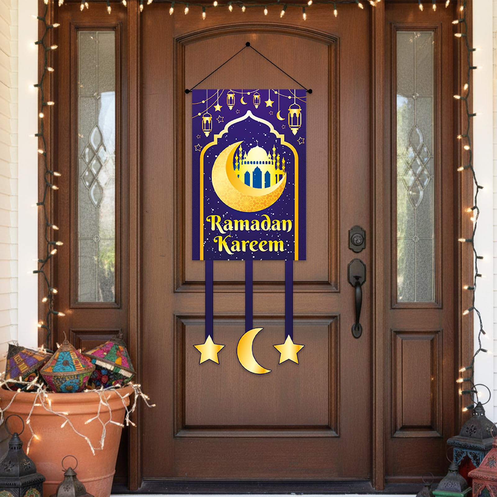Ramadan Mubarak Hanging Door Sign Ramadan Banner Purple Gold Door Sign Eid Mubarak Hanging Decorations for door Wall ramadan Kareem eid Banner Party Decorations Home Iftar Decor