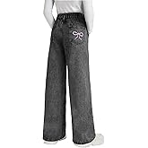 Peakpride Girls Baggy Jeans Wide Leg High Elastic Waisted Bow Embroidered Straight Pant Y2k Cute Tween Skater Streetwear