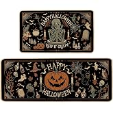 Baccessor Halloween Kitchen Rugs Set of 2, 17x29 and 17x47 Inch | Skeleton Vintage Black Kitchen Mats for Floor,Rubber Backing,Low Profile and Washable Care,Non Slip