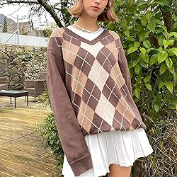 Women Y2K Argyle Striped Pullover Sweater Casual