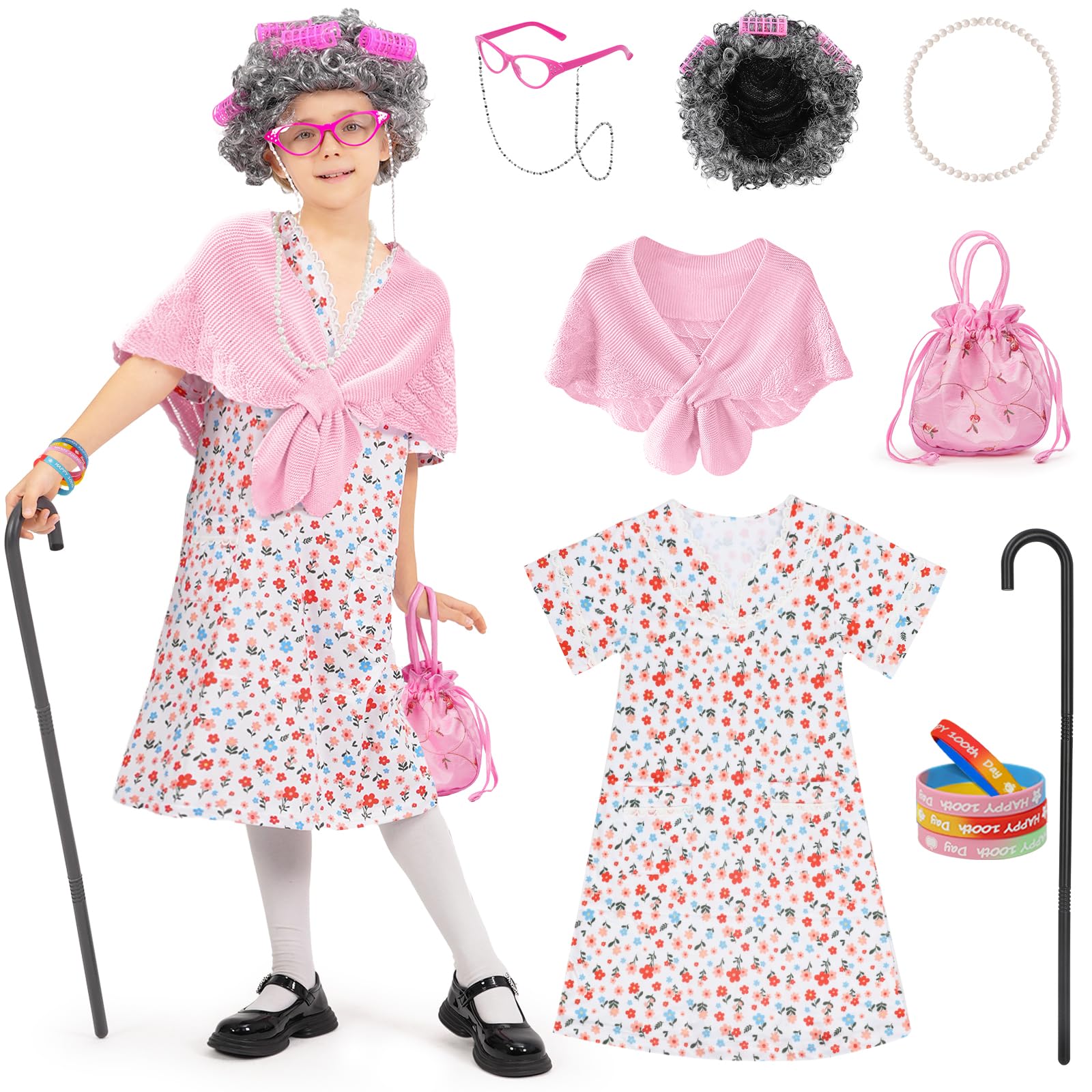 Photo 1 of WooWee 100 Days of School Costume for Girls, Old Lady Costume for Kids, Granny Grandma Dress Up(Pink, 5-7 Y)