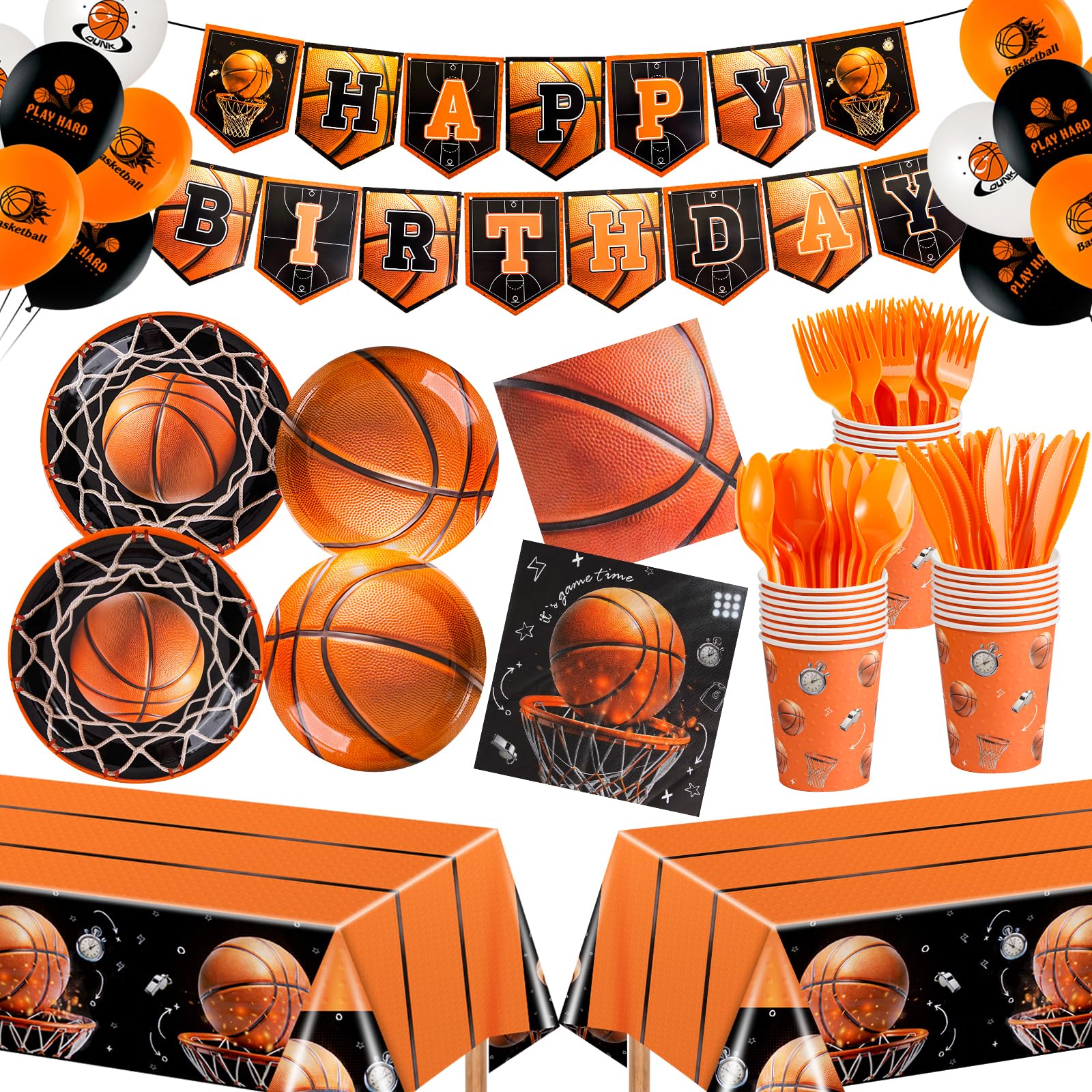 Photo 1 of 185 Pcs Basketball Party Decorations Basketball Birthday Party Decorations Serves 24, with Plates Napkins Cups Forks Knives Spoons Tablecloths Banner Balloons for Sport Basketball Party Supplies