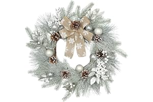 QD-Udreamy Christmas Wreath - 24 inch Christmas Wreaths for Front Door, Large Artificial Christmas Wreath, Silver Xmas Door Wreath with Bow Berries Pine Cones for Outdoor Indoor Christmas Decorations